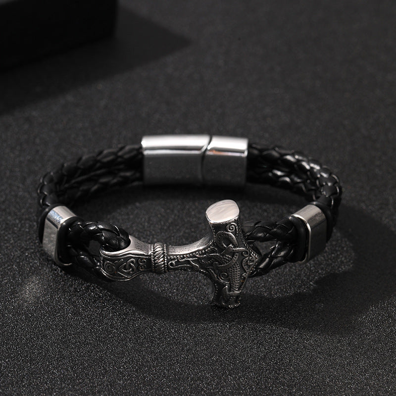 Alloy Carved Hammer Men's Leather Knit Bracelet